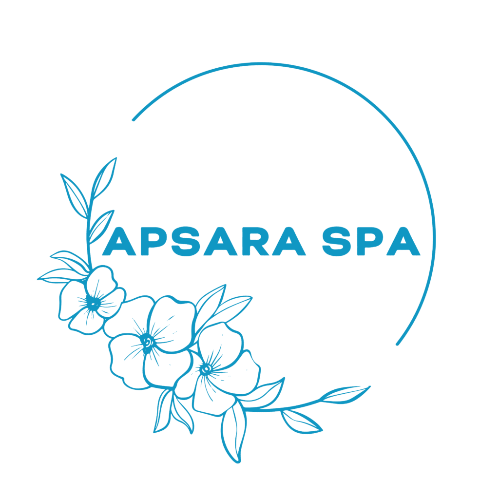 Spa Services in Phuket: Apsara Spa logo with floral design in light blue on a transparent background.