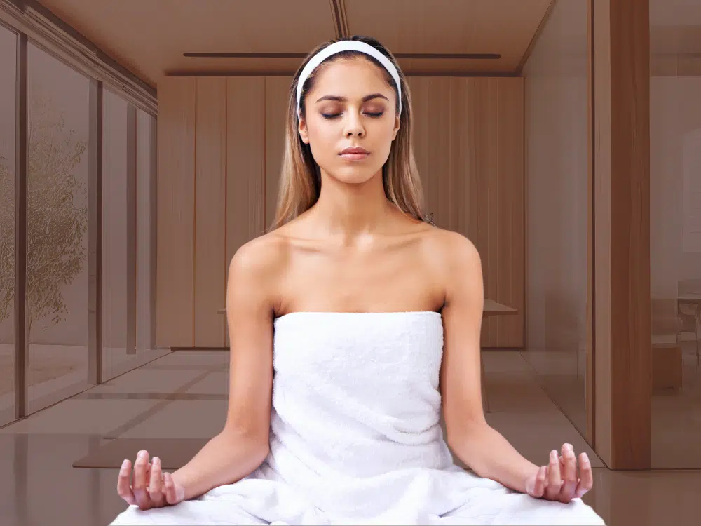 Woman meditating in a serene spa environment at Apsara Spa, Phuket