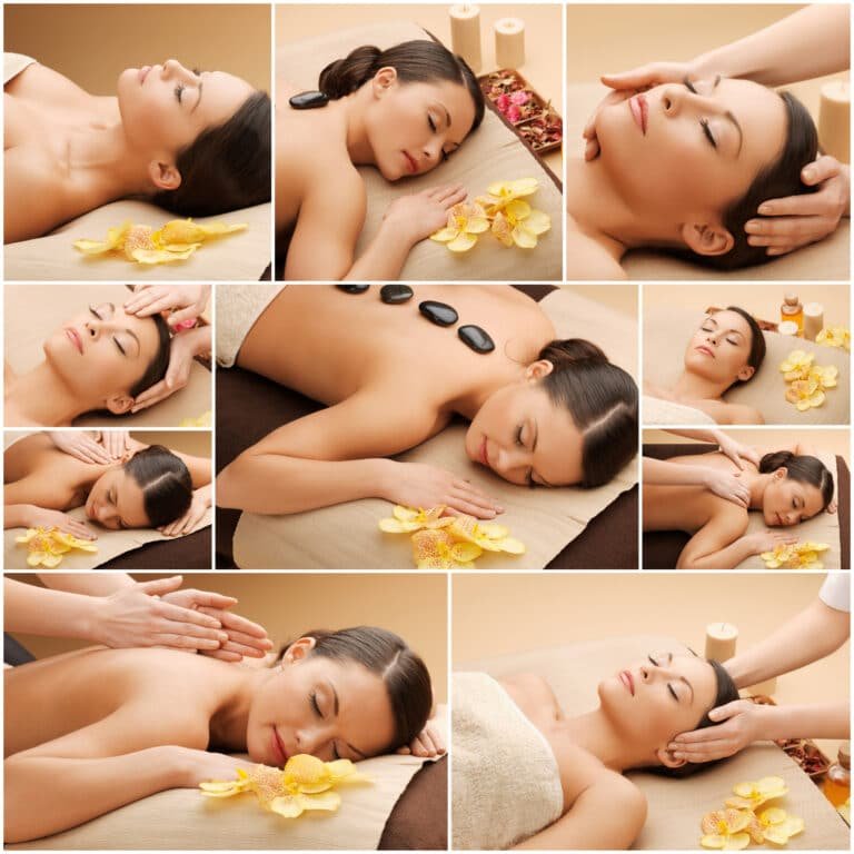 spa treatments in Phuket: Spa treatment collage featuring massage and hot stones